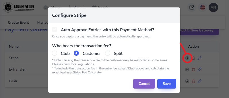 Screnshot of Stripe Gateway Configure Options